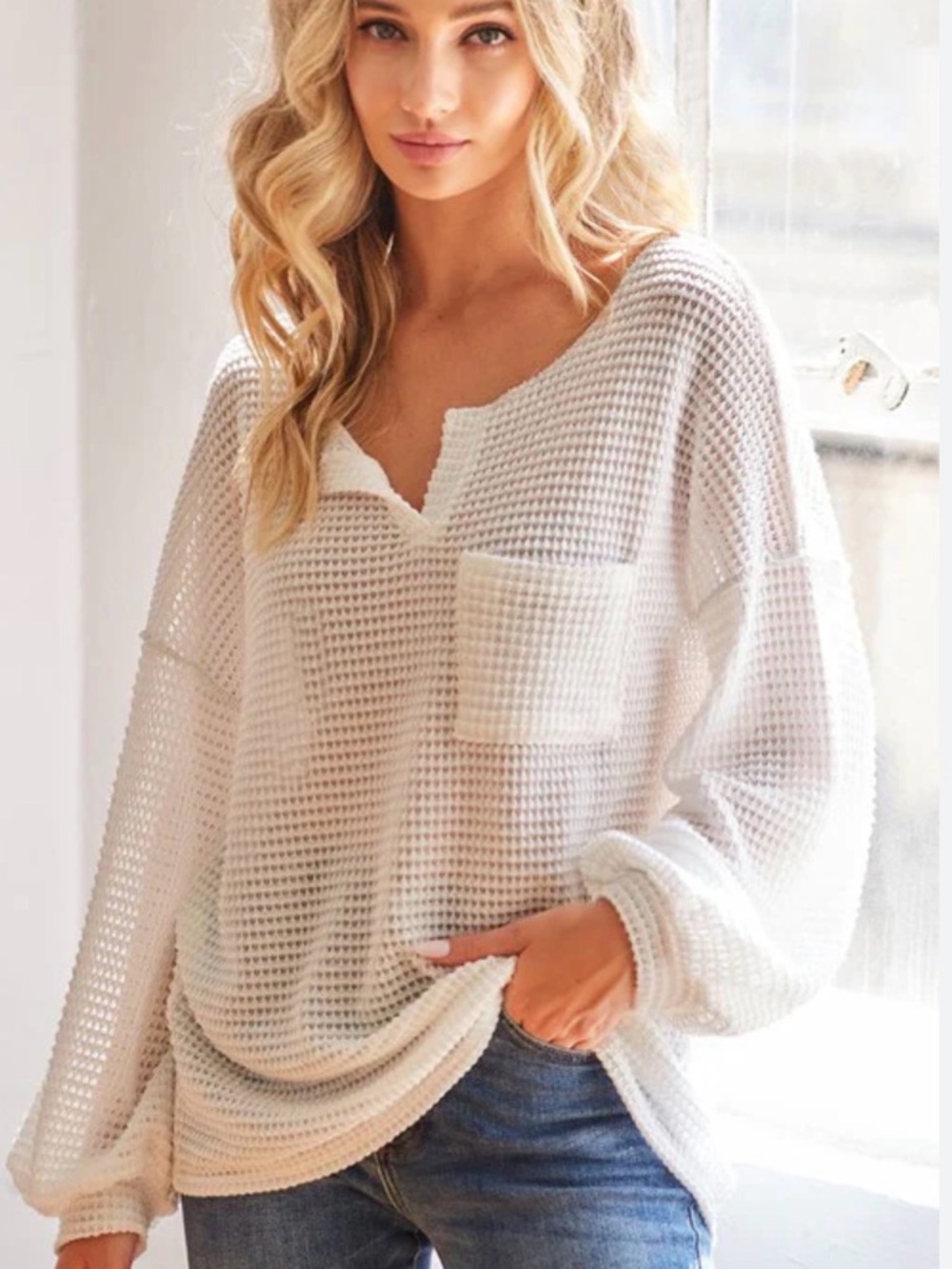 Elan Lightweight White Waffle Knit Pocket Top Long Sleeve SZ XL EUC
